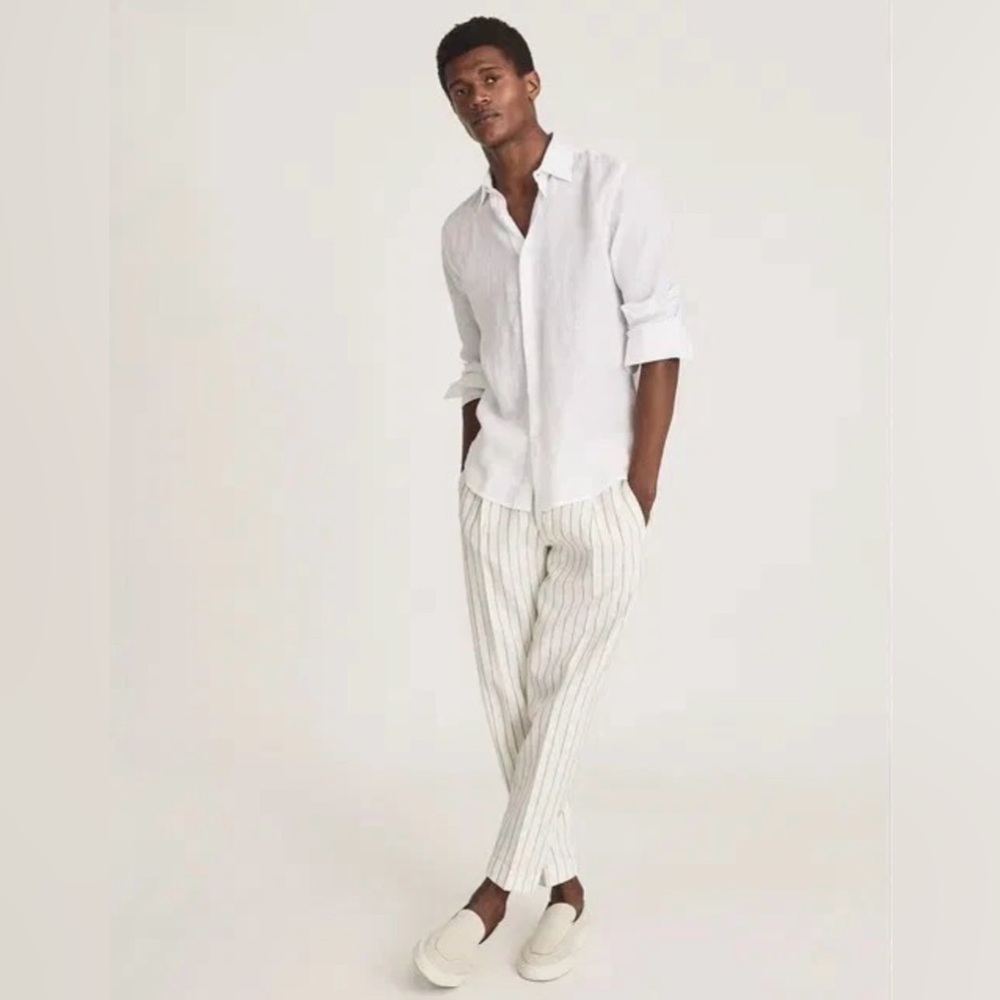 Reiss Grout Striped Pleat Front Linen Blend Trousers In Ecru Size: 28x27